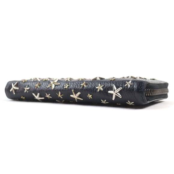 JIMMY CHOO Calfskin Leather Round Zip Wallet with Crystal Star Studs, Navy Bl... - Picture 3 of 11